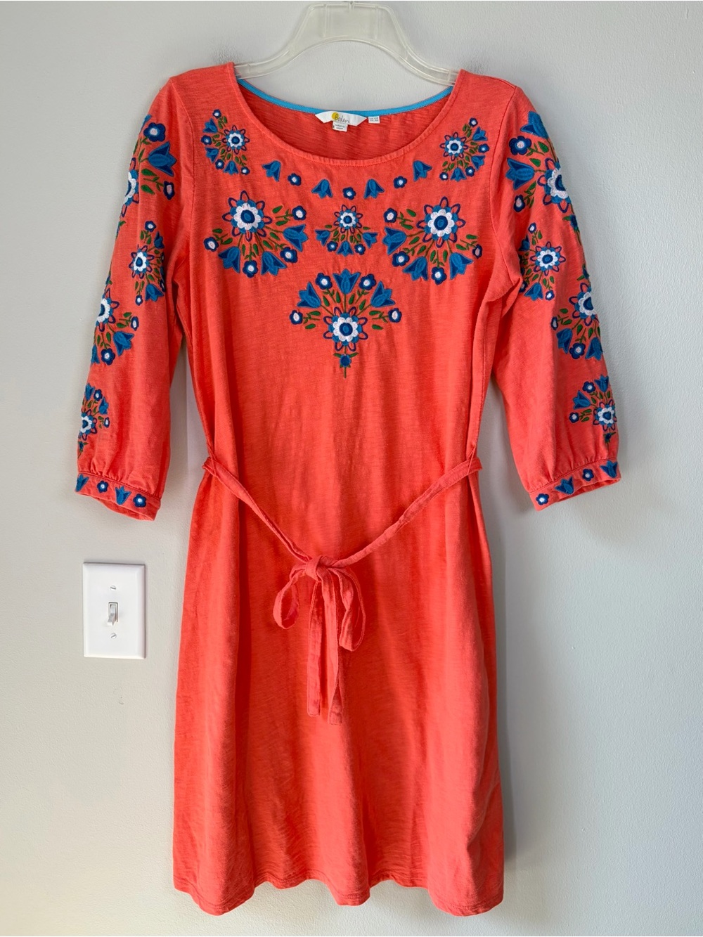 Boden Leyla Floral Embroidered Jersey Slub Cotton Tie Tunic Dress Guava Orange